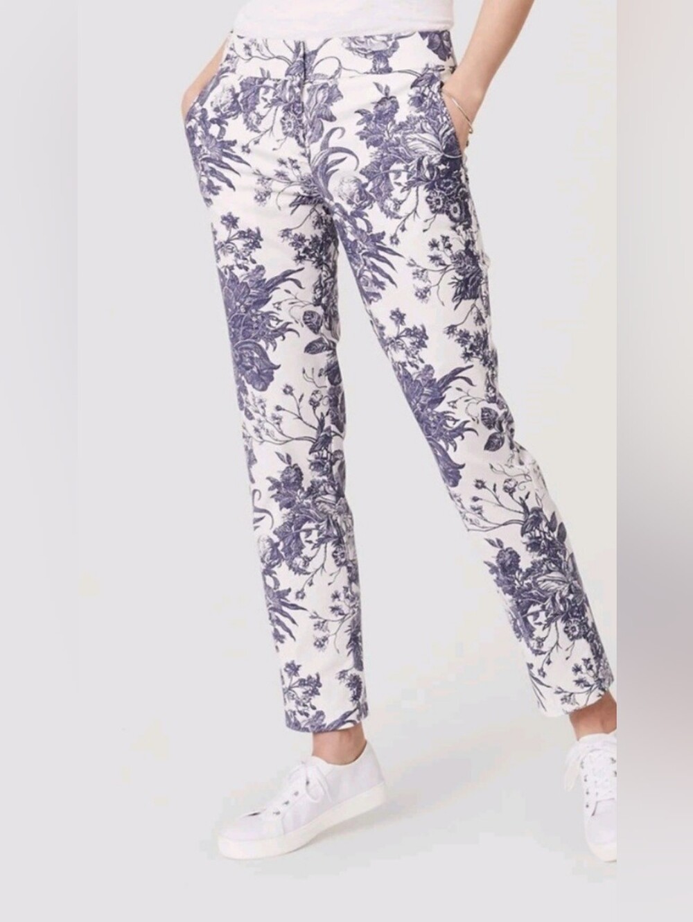 Ann Taylor LOFT Tailored Botanic Floral Pencil Pants Women's Size 10 White Blue